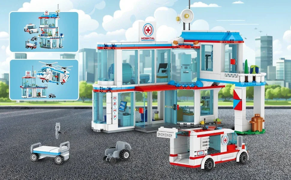 3 in1 City Hospital Building Blocks Toy STEM Sets Rescue Center Ambulance Doctor Nurse DIY Assembly Bricks Toy for Kids Boy Gift