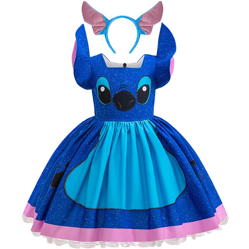 Kids Girls Princess Dress Cartoon Stitch Disney Movie Role Play Costume Stage Performance Halloween Carnival Children Dress Up