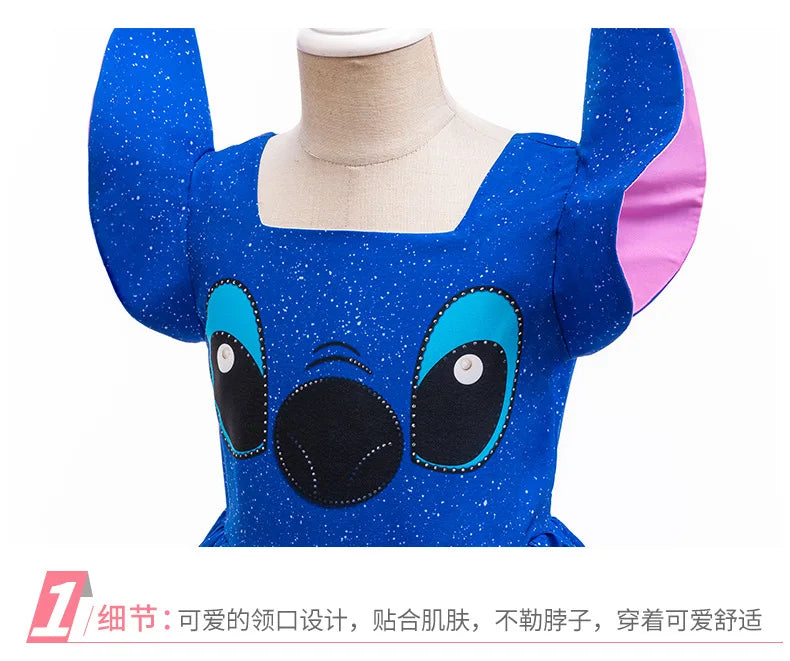 Kids Girls Princess Dress Cartoon Stitch Disney Movie Role Play Costume Stage Performance Halloween Carnival Children Dress Up