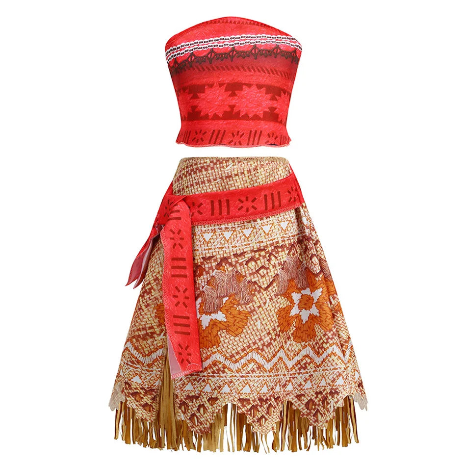 Disney Moana Dress for Kids Girls Princess Vaiana Cosplay Carnival Children Birthday Party Headwear Necklace Pet Pig Chicken Set