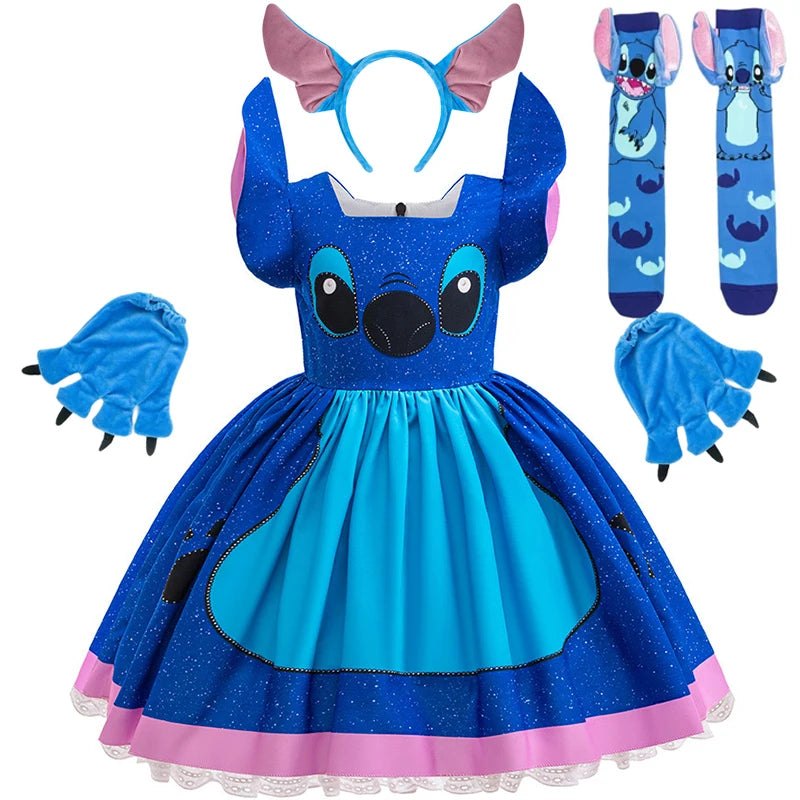 Kids Girls Princess Dress Cartoon Stitch Disney Movie Role Play Costume Stage Performance Halloween Carnival Children Dress Up