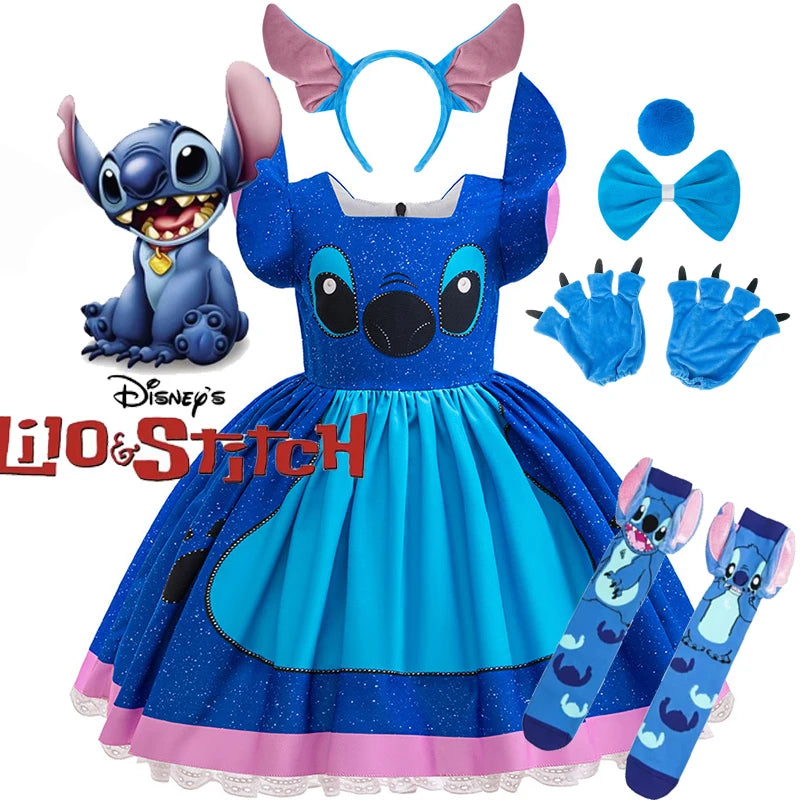 Kids Girls Princess Dress Cartoon Stitch Disney Movie Role Play Costume Stage Performance Halloween Carnival Children Dress Up