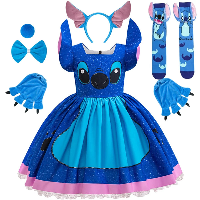 Kids Girls Princess Dress Cartoon Stitch Disney Movie Role Play Costume Stage Performance Halloween Carnival Children Dress Up