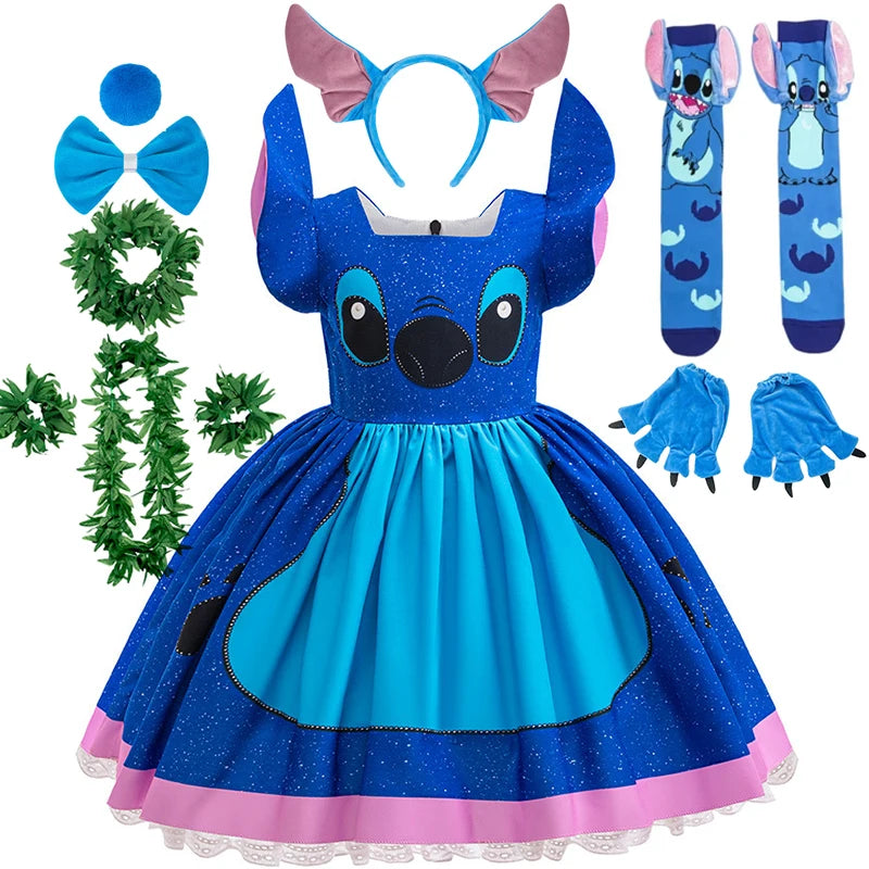Kids Girls Princess Dress Cartoon Stitch Disney Movie Role Play Costume Stage Performance Halloween Carnival Children Dress Up