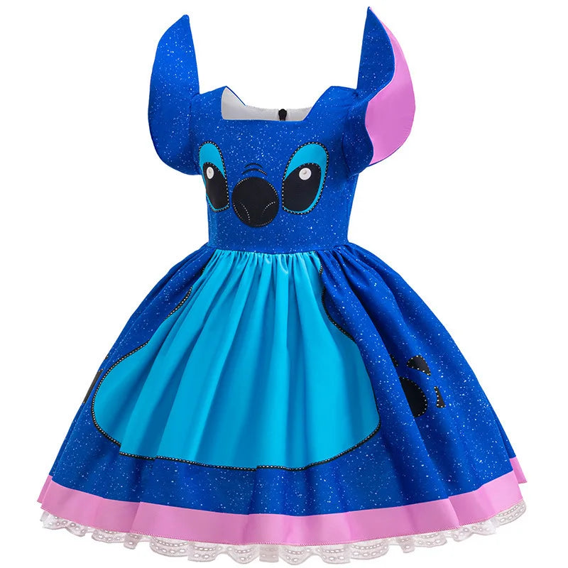 Kids Girls Princess Dress Cartoon Stitch Disney Movie Role Play Costume Stage Performance Halloween Carnival Children Dress Up
