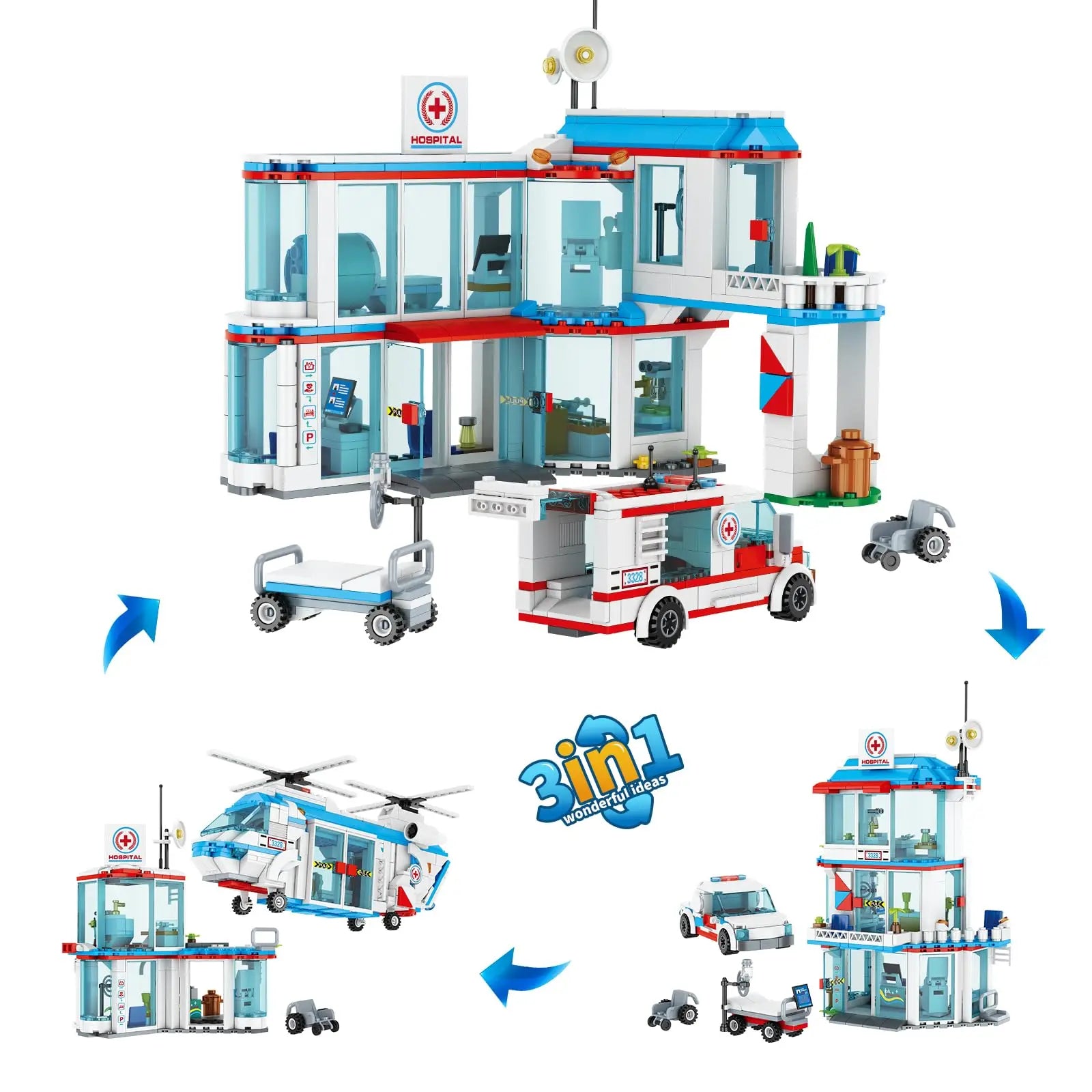 3 in1 City Hospital Building Blocks Toy STEM Sets Rescue Center Ambulance Doctor Nurse DIY Assembly Bricks Toy for Kids Boy Gift