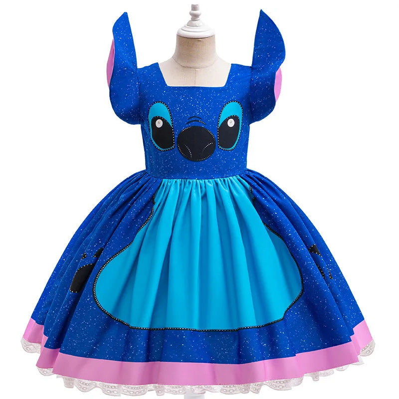 Kids Girls Princess Dress Cartoon Stitch Disney Movie Role Play Costume Stage Performance Halloween Carnival Children Dress Up