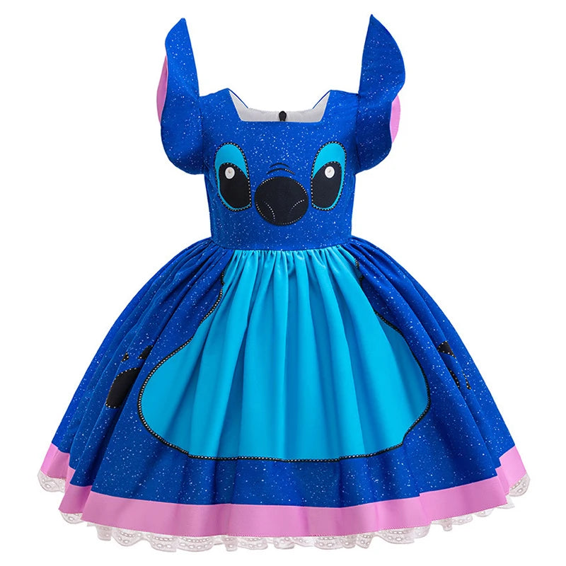 Kids Girls Princess Dress Cartoon Stitch Disney Movie Role Play Costume Stage Performance Halloween Carnival Children Dress Up
