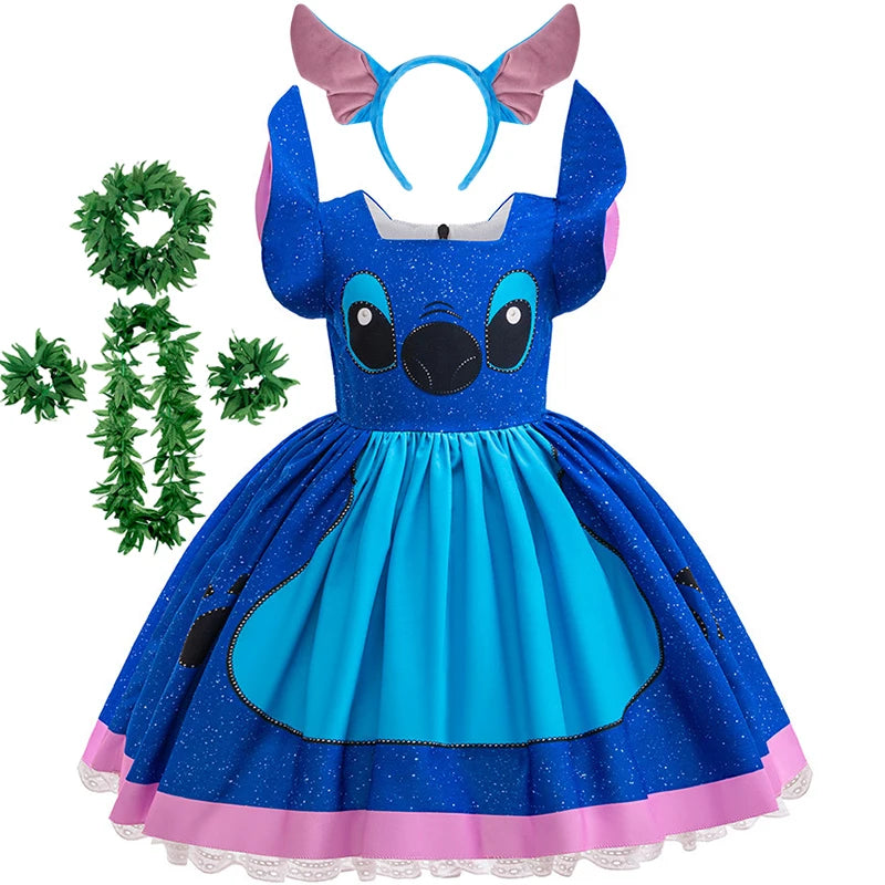Kids Girls Princess Dress Cartoon Stitch Disney Movie Role Play Costume Stage Performance Halloween Carnival Children Dress Up