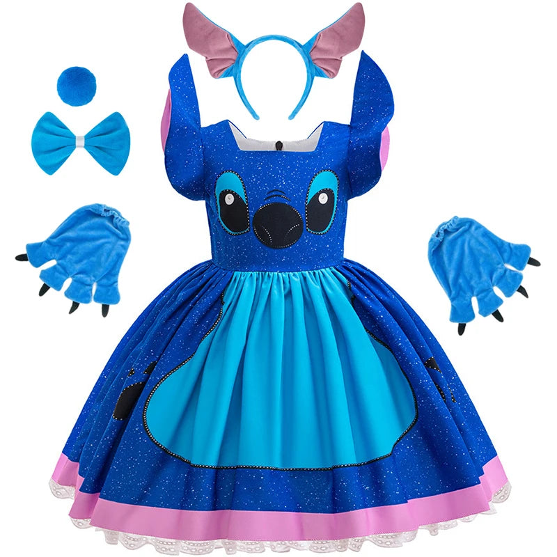 Kids Girls Princess Dress Cartoon Stitch Disney Movie Role Play Costume Stage Performance Halloween Carnival Children Dress Up
