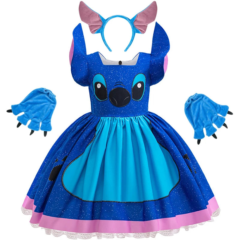 Kids Girls Princess Dress Cartoon Stitch Disney Movie Role Play Costume Stage Performance Halloween Carnival Children Dress Up